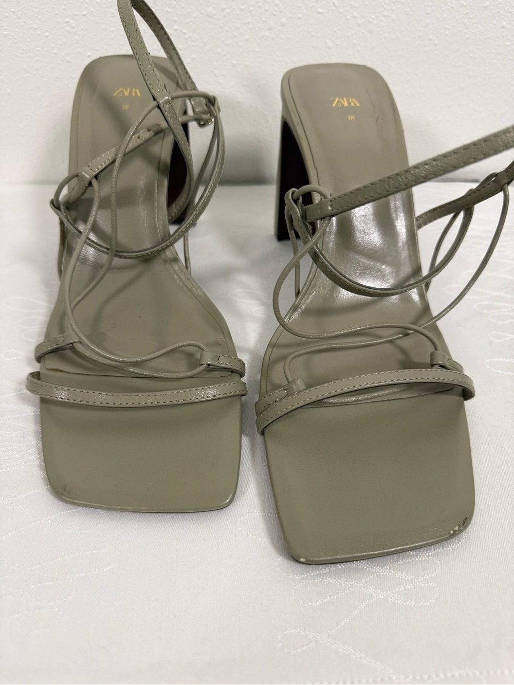 Zara Strappy Block Heel Sandals Sage Taupe Square Toe Ankle Strap EU 38 - Picture 8 of 11